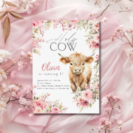 聖なる牛、私は1歳 ハイランドカウ ピンクの花 バースデー 招待状