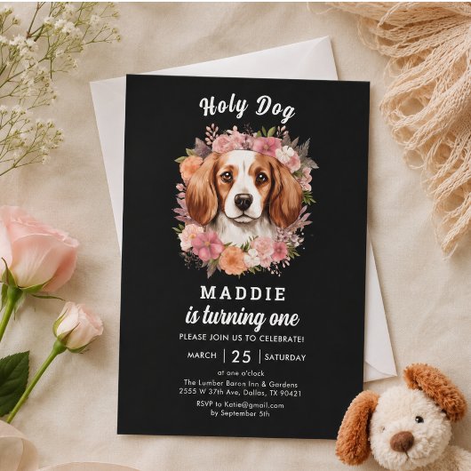 聖なる犬、1歳だよ!犬の女の子1歳の誕生日 招待状