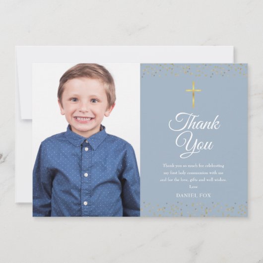 聖なる聖体塵の青い金ゴールド塵の最初の写真 サンキューカード (正面)