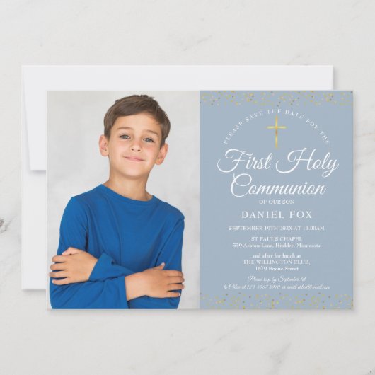 聖なる聖体塵の青い金ゴールド塵の最初の写真 セーブザデート (正面)