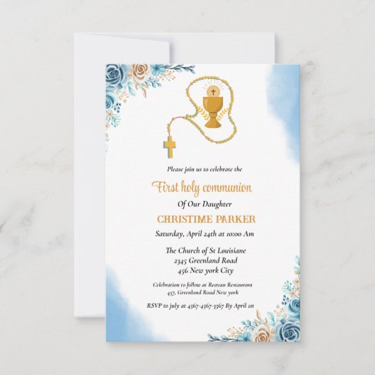 聖なる聖体水の色の青いフローラ 招待状 (正面)