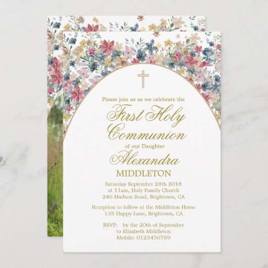 聖なる聖餐式の最初のモダン写真園の花 招待状 (正面/裏面)