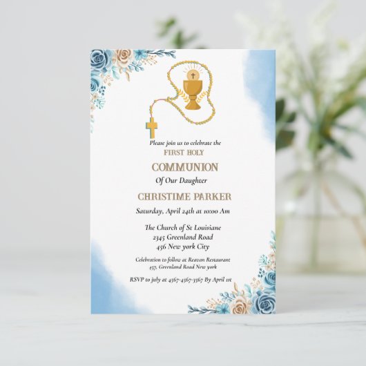 聖なる聖餐式の水の色の青いスプラッシュフローラ 招待状 (スタンド正面)