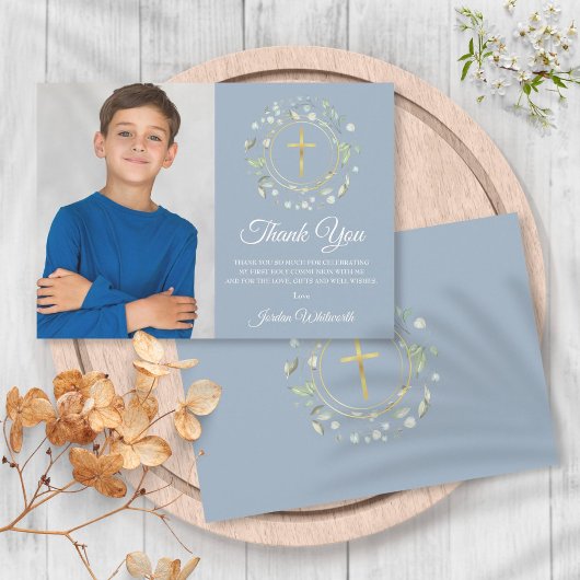 聖なる聖餐式の青い緑の最初の写真 サンキューカード