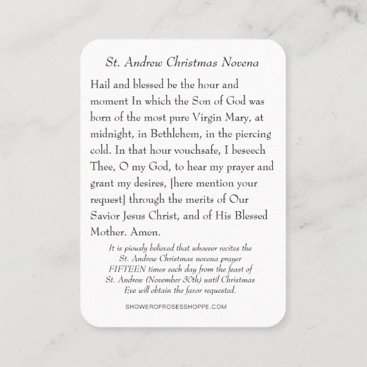 聖アンドリュー・クリスマスノヴェナヴァージンメアリーイエス聖 名刺 (裏面)
