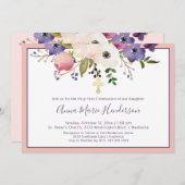 聖エレガント第1聖餐式ピンクと紫の少女 招待状 (正面/裏面)