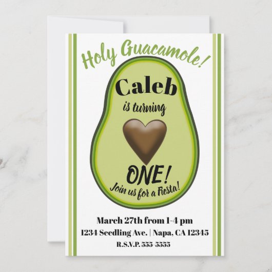 聖グアカモレハートアボカド1st誕生日パーティー 招待状 (正面)