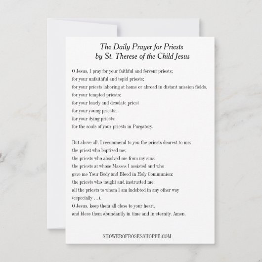 聖テリーズの司祭のための毎日の祈りの言葉 カード (裏面)