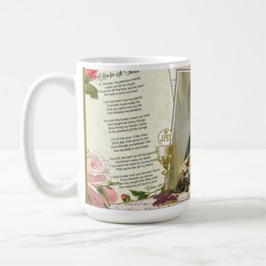 聖テルセ詩ヴィンテージカトリックの数珠コラージュ コーヒーマグカップ (左)