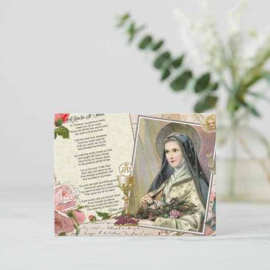 聖テルセ詩ヴィンテージカトリックの数珠コラージュ ポストカード (スタンド正面)