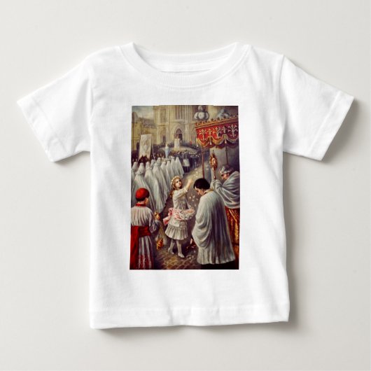 聖テレサは聖餐式に花を投げ賛美る ベビーTシャツ (正面)