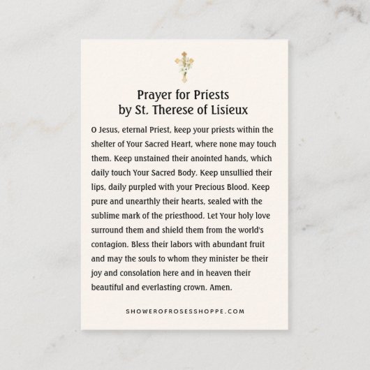 聖テレーズ聖カード司祭のための祈りの言葉 プレイスカード (裏面)