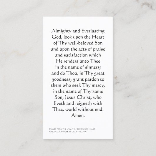 聖ハート絵を描祈りの言葉カード コーリングカード (裏面)