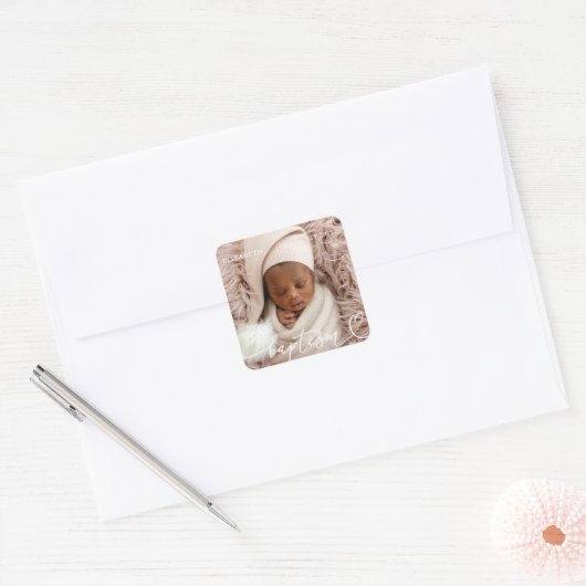 聖バプテスマエレガントシッモダンクハートベビー写真 スクエアシール (封筒)