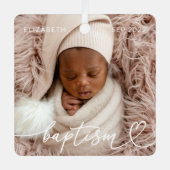 聖バプテスマエレガントシッモダンクハートベビー写真 メタルオーナメント (正面)