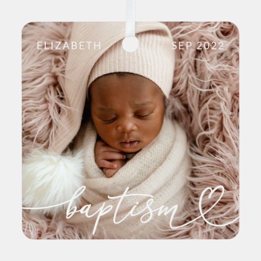 聖バプテスマエレガントシッモダンクハートベビー写真 メタルオーナメント (正面)
