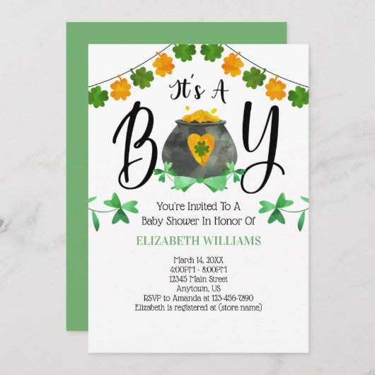 聖パトリックの日それは男の子の赤ちゃんシャワーだ 招待状 (正面/裏面)