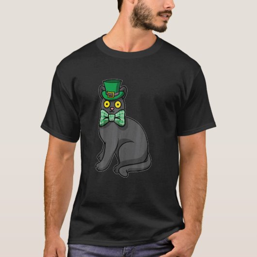 聖パトリックの日のアイビーの帽子をかぶった黒猫 Tシャツ (正面)