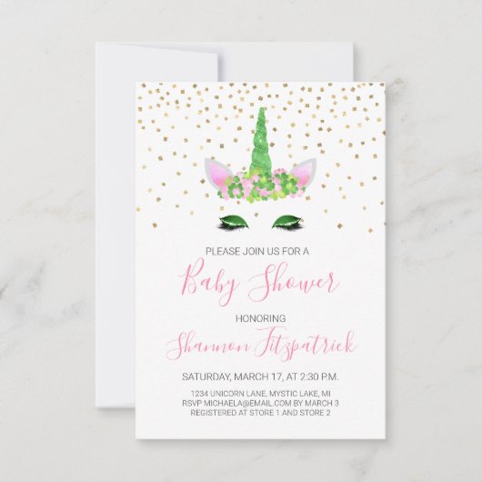 聖パトリックの日ユニコーンガールのピンク色の赤ちゃんシャワー 招待状 (正面)