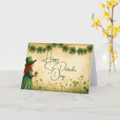 聖パトリックの日娘とシャムロック カード (黄色い花)