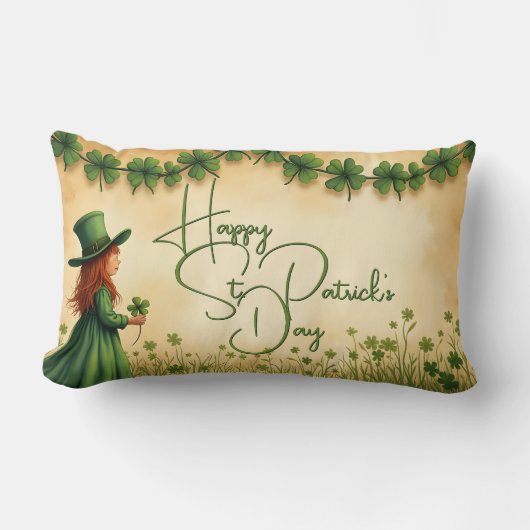 聖パトリックの日娘とシャムロック ランバークッション (正面)
