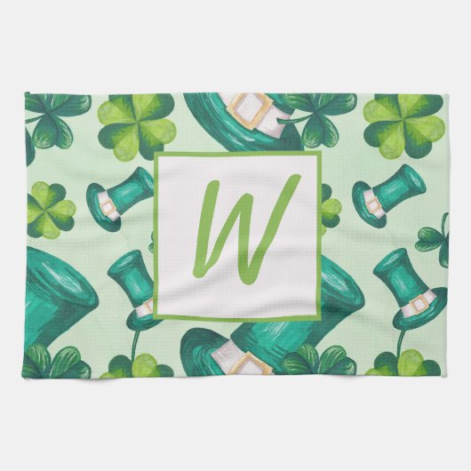聖パトリックの日帽子とクローバー キッチンタオル (横)