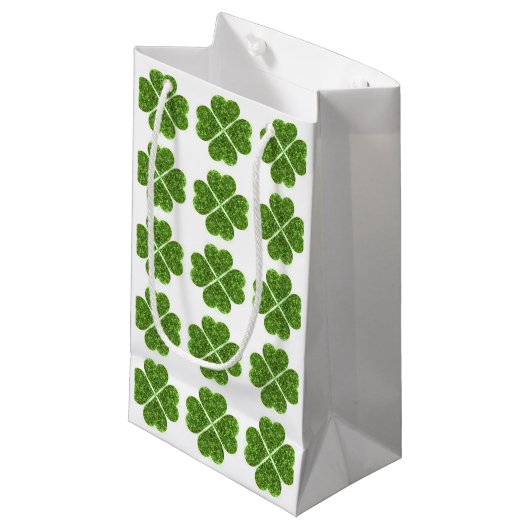 聖パトリックの日、アイルランドの緑のキラキラ輝くクローバー スモールペーパーバッグ (正面アングル)