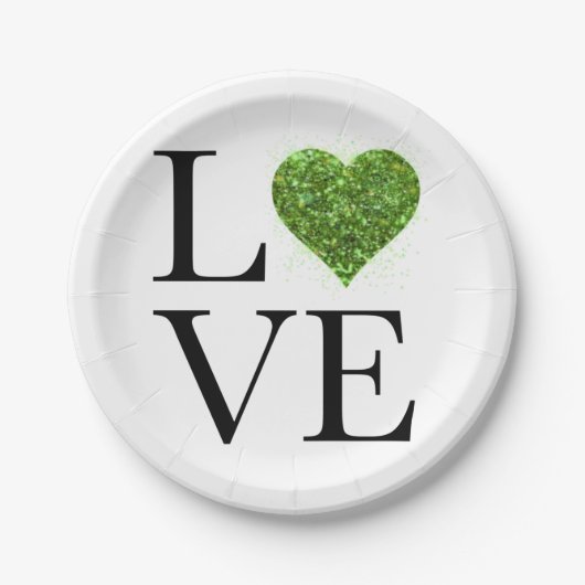 聖パトリックの日 |愛 |緑の輝くハート ペーパープレート (正面)