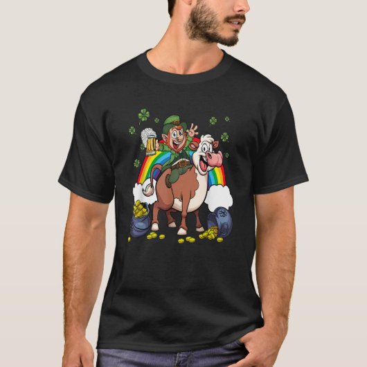 聖パトリックの牛に乗る妖精 帽子 シャムロックの葉 Tシャツ (正面)