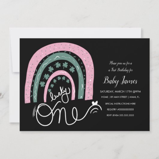 聖パトリックス幸運の最初の誕生日の手の描画レインボー 招待状 (正面)