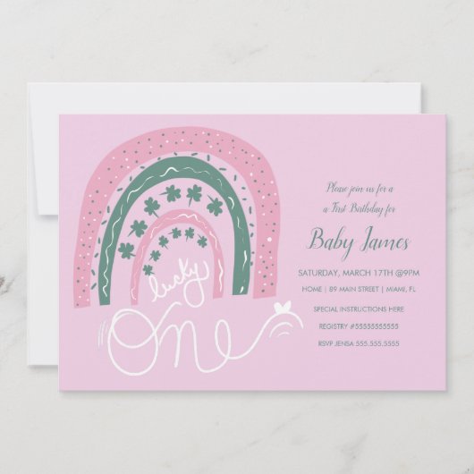 聖パトリックス幸運の最初の誕生日の手の描画レインボー 招待状 (正面)