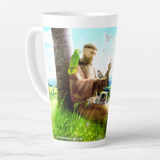 聖フランシスと説教壇の説教者が鳥を取り除く カフェラテマグ (左アングル)