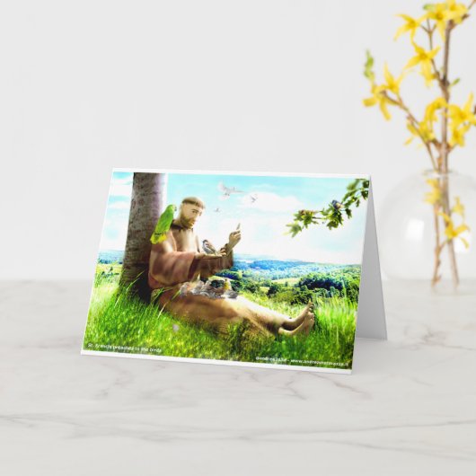 聖フランシスと説教壇の説教者が鳥を取り除く カード (黄色い花)