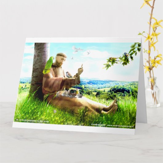 聖フランシスと説教壇の説教者が鳥を取り除く カード (黄色い花)