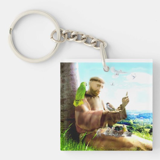 聖フランシスと説教壇の説教者が鳥を取り除く キーホルダー (正面)