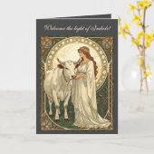 聖ブリギッドと白い牛のアイランド カード (黄色い花)