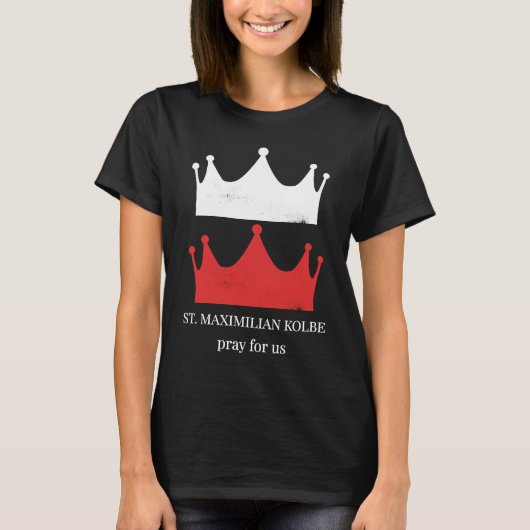 聖マクシミリアン・コルベのヴィジョン二つの冠 赤 白 プ Tシャツ (正面)