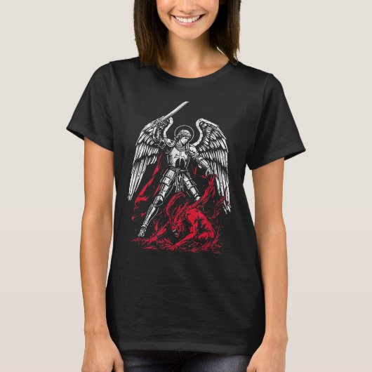 聖ミカエル大天使が悪魔を倒す カトリック Tシャツ (正面)