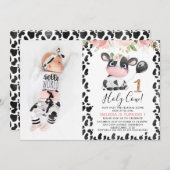 聖モダン牛ピンクフローラ第1誕生日 招待状 (正面/裏面)