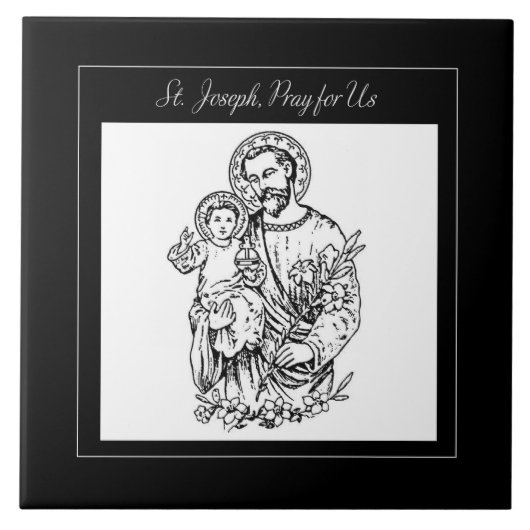 聖ヨセフ、我らを救い給え 黒、白、カトリック タイル (正面)