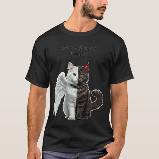聖人の罪人おむつ。サタニック 猫 子猫 無神論者 Tシャツ (正面)