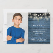 聖体の青いライト付き木製パネル写真 サンキューカード (正面)