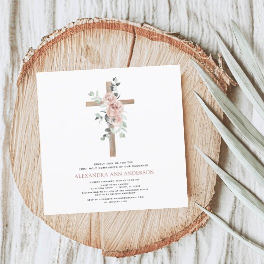 聖体拝領の第一聖体拝領の女の子の埃っぽいピンクのバラ 招待状