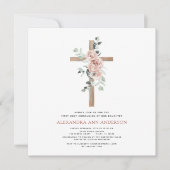 聖体拝領の第一聖体拝領の女の子の埃っぽいピンクのバラ 招待状 (正面)