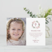 聖体拝領フォトピンクのバラの花 サンキューカード (スタンド正面)