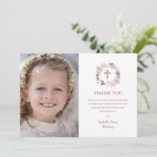 聖体拝領フォトピンクのバラの花 サンキューカード (スタンド正面)