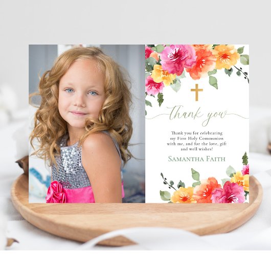 聖体拝領 洗礼 明るい花の水彩 ありがとう 招待状