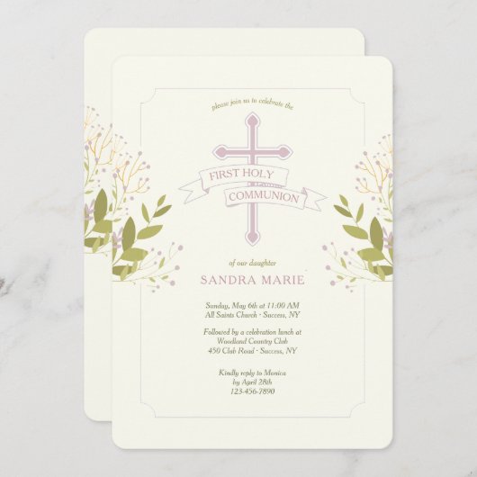 聖十字第一聖餐式ピンク 招待状 (正面/裏面)