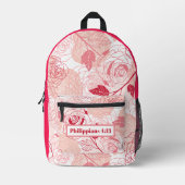 聖句とホットピンクのフローラヴィンテージパターン プリントバックパック (正面)