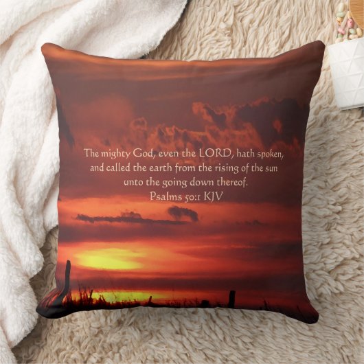聖句と美しいオレンジ色のサンライズアート クッション (ブランケット)